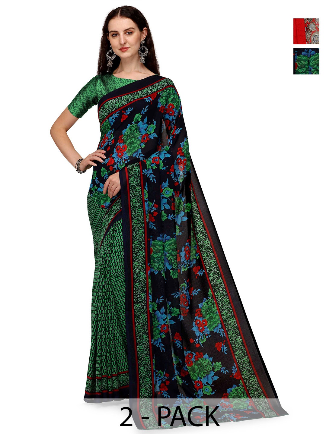 

ANAND SAREES Floral 2-Pack Sarees, Green