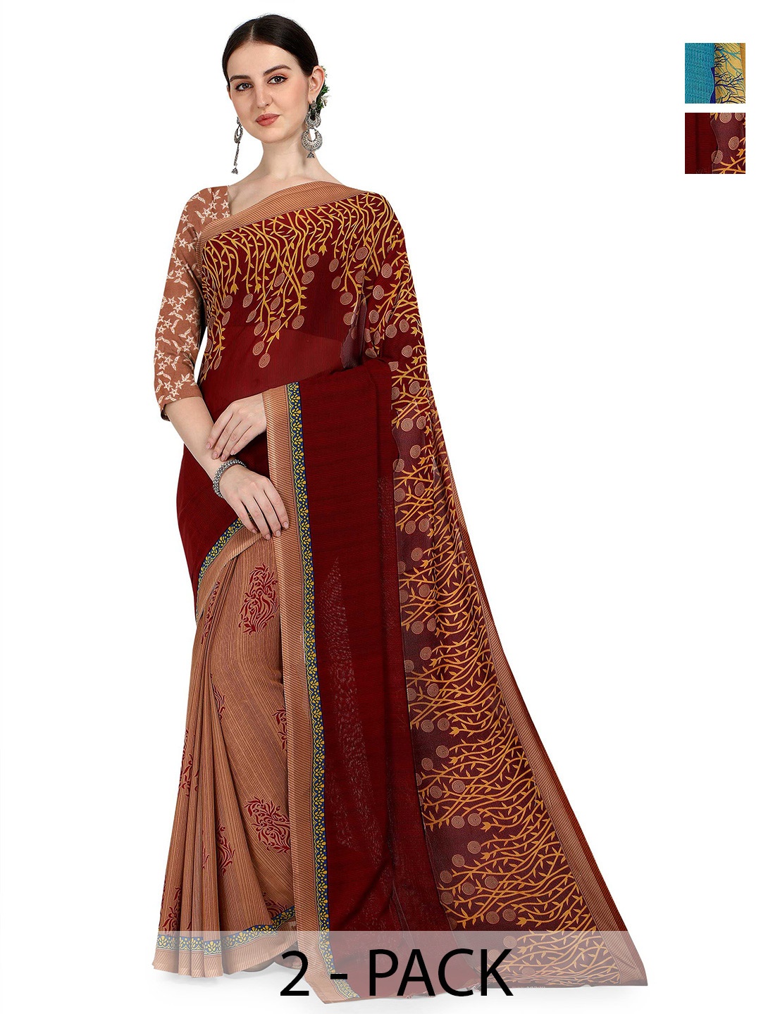 

ANAND SAREES Ethnic Motifs 2-Pack Saree, Brown