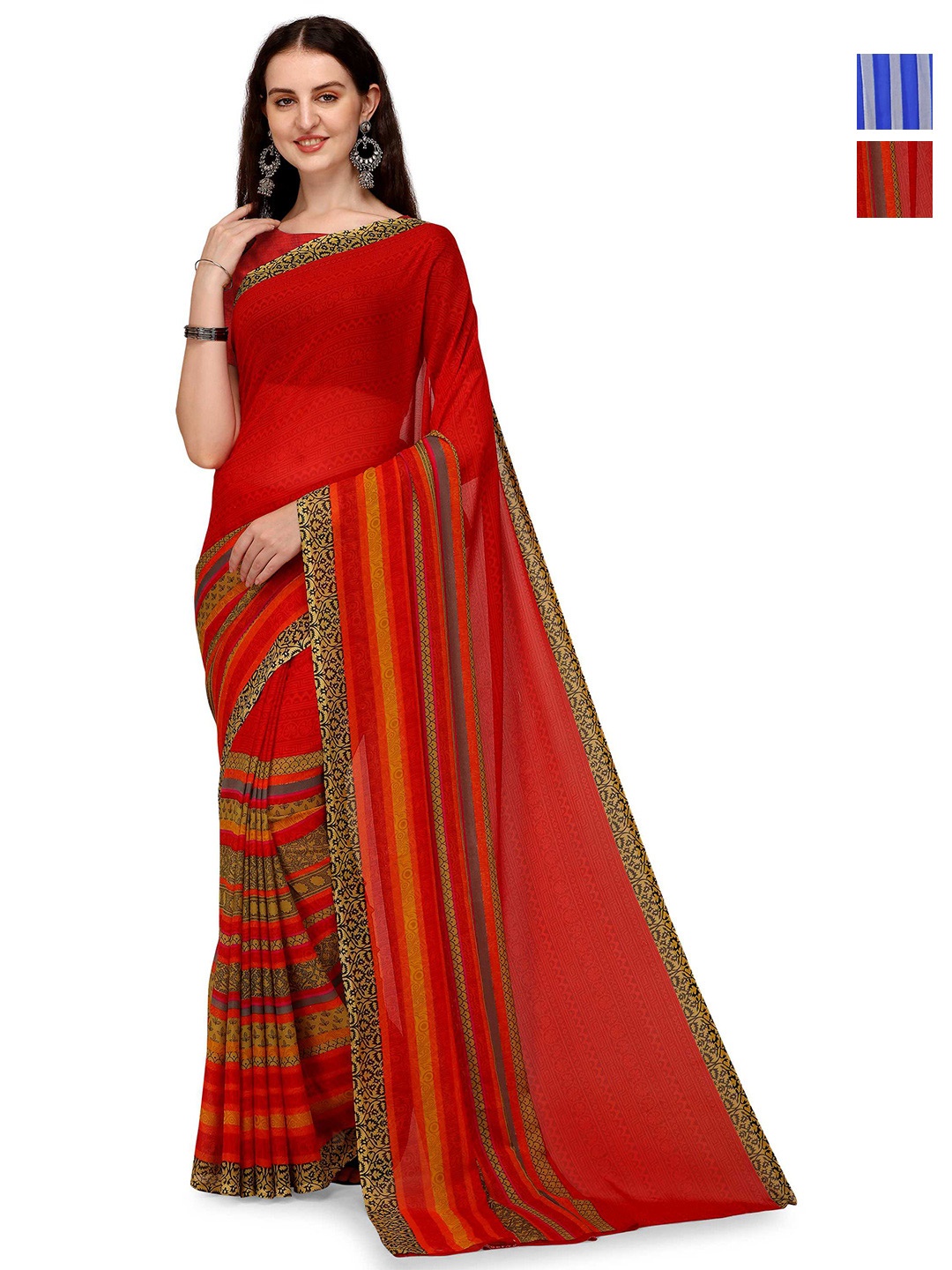 

ANAND SAREES Pack Of 2 Striped Saree With Blouse Piece, Blue
