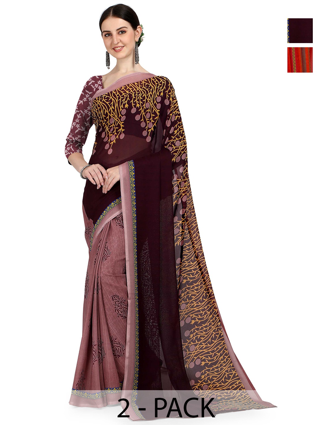 

ANAND SAREES Pack of 2 Floral Saree, Red