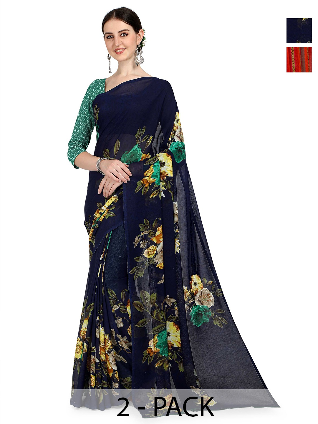 

ANAND SAREES Pack Of 2 Floral Saree, Navy blue