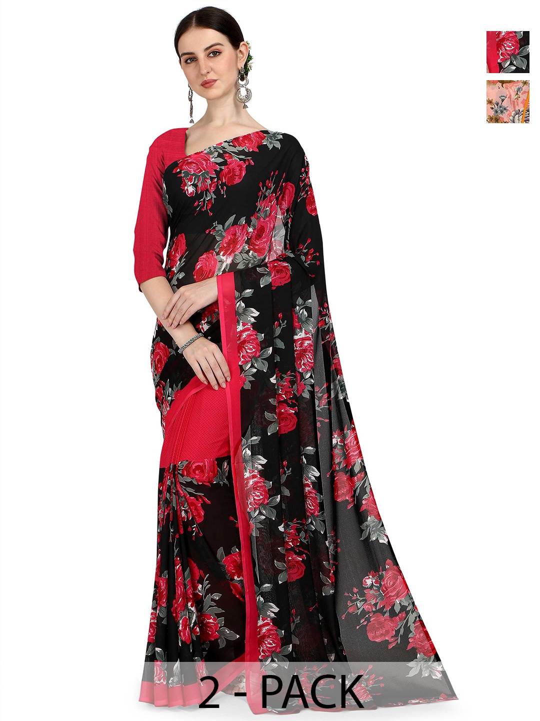 

ANAND SAREES Pack Of 2 Floral Saree, Black