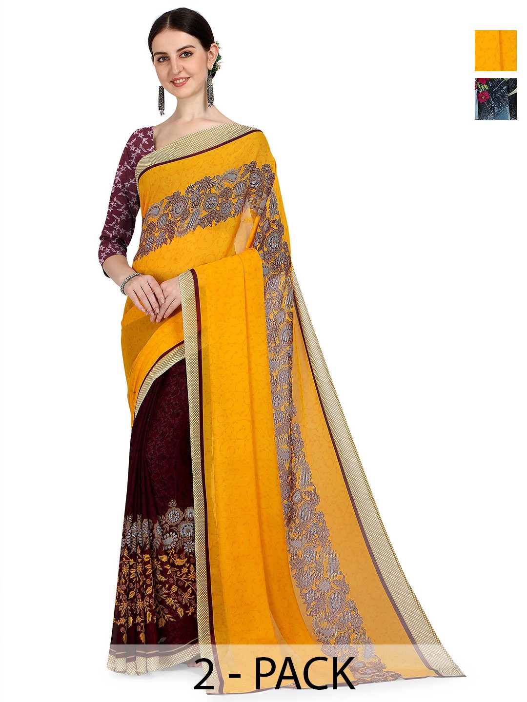 

ANAND SAREES Pack of 2 Floral Saree, Yellow