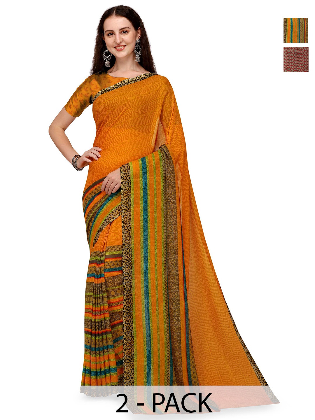 

ANAND SAREES Pack Of 2 Striped Saree, Mustard