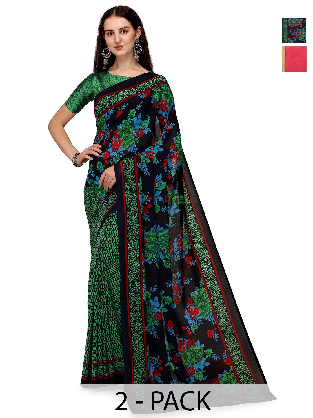 

ANAND SAREES Pack of 2 Floral Saree, Red