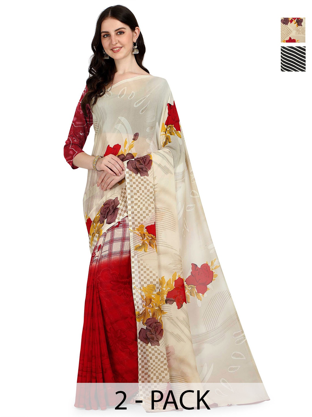 

ANAND SAREES Pack of 2 Floral Saree, Cream