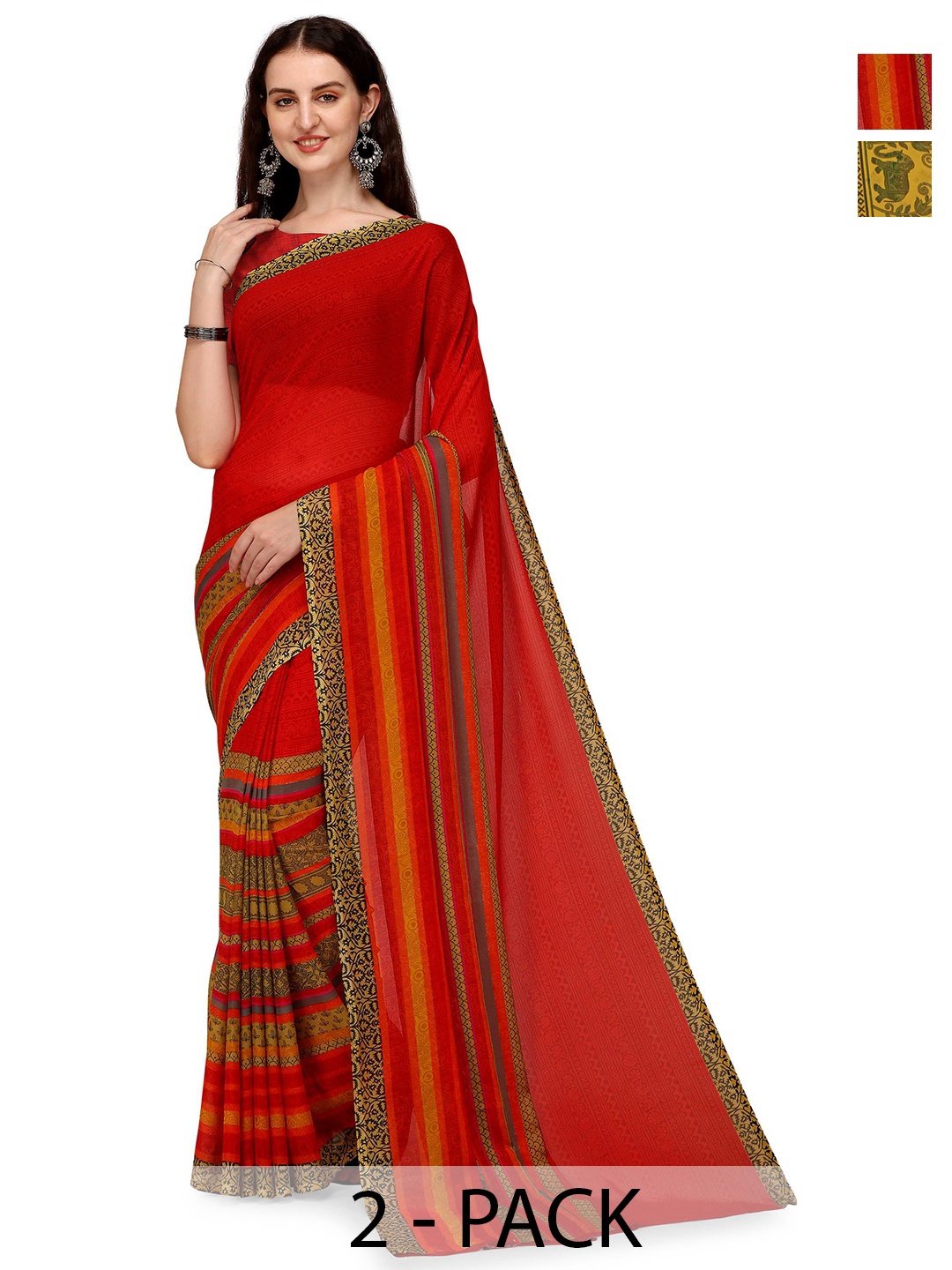 

ANAND SAREES Pack Of 2 Striped Saree, Red