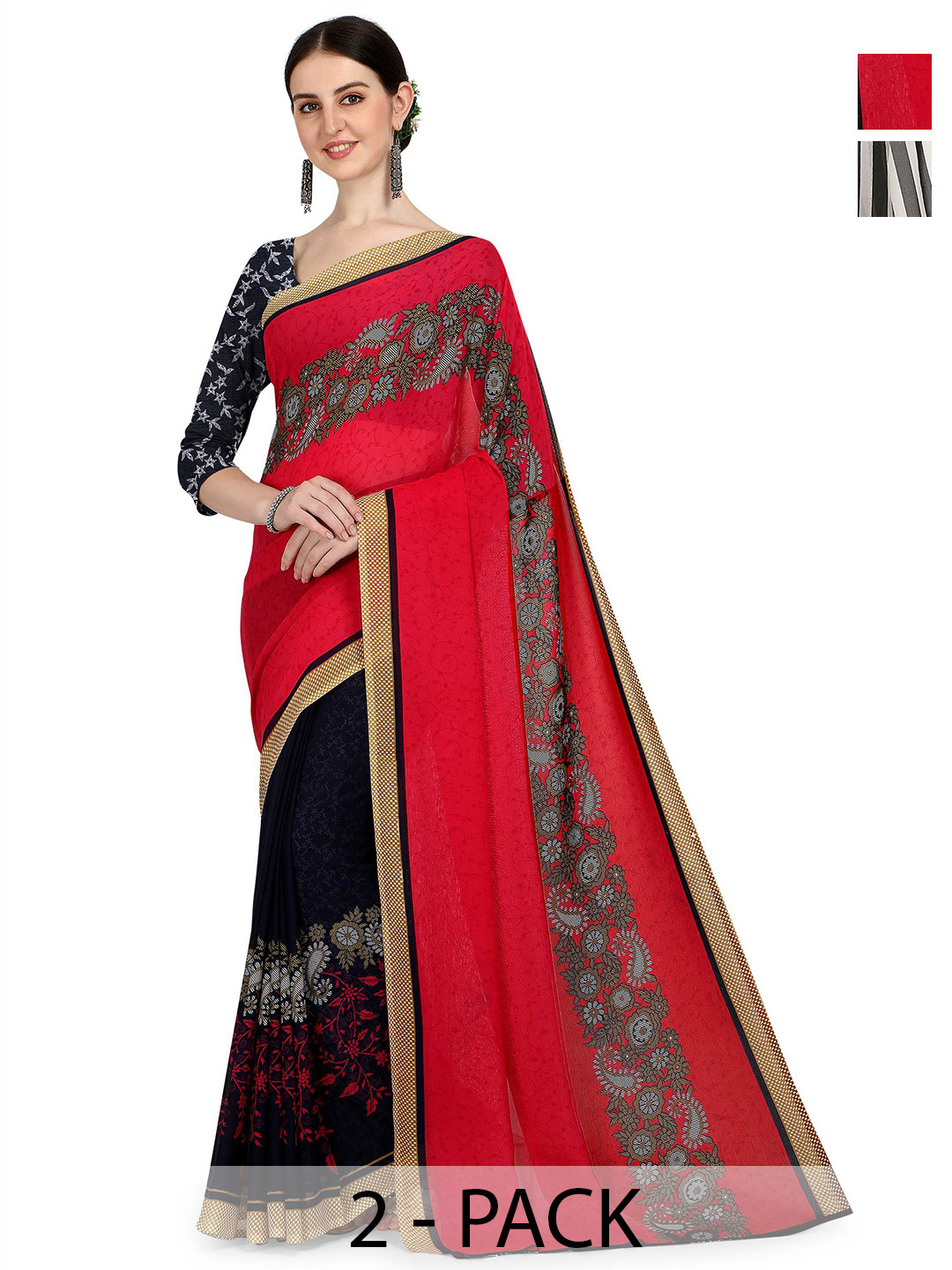 

ANAND SAREES Pack Of 2 Striped Saree, Black