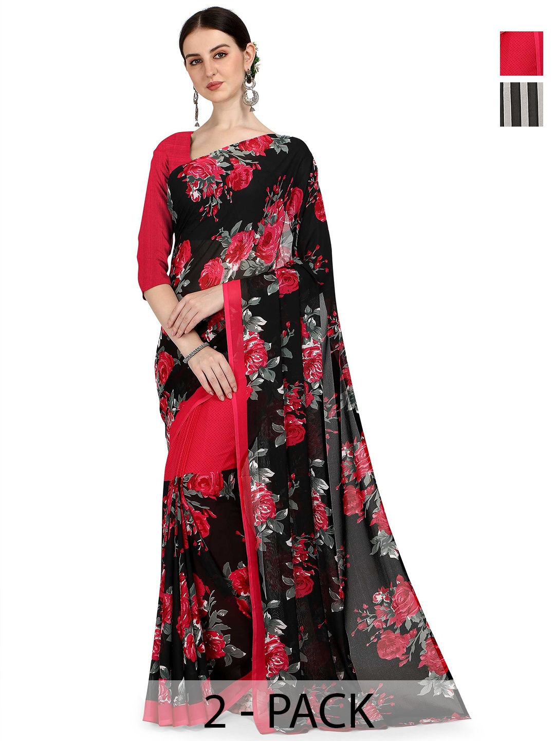 

ANAND SAREES Pack Of 2 Floral Saree With Blouse Piece, Red