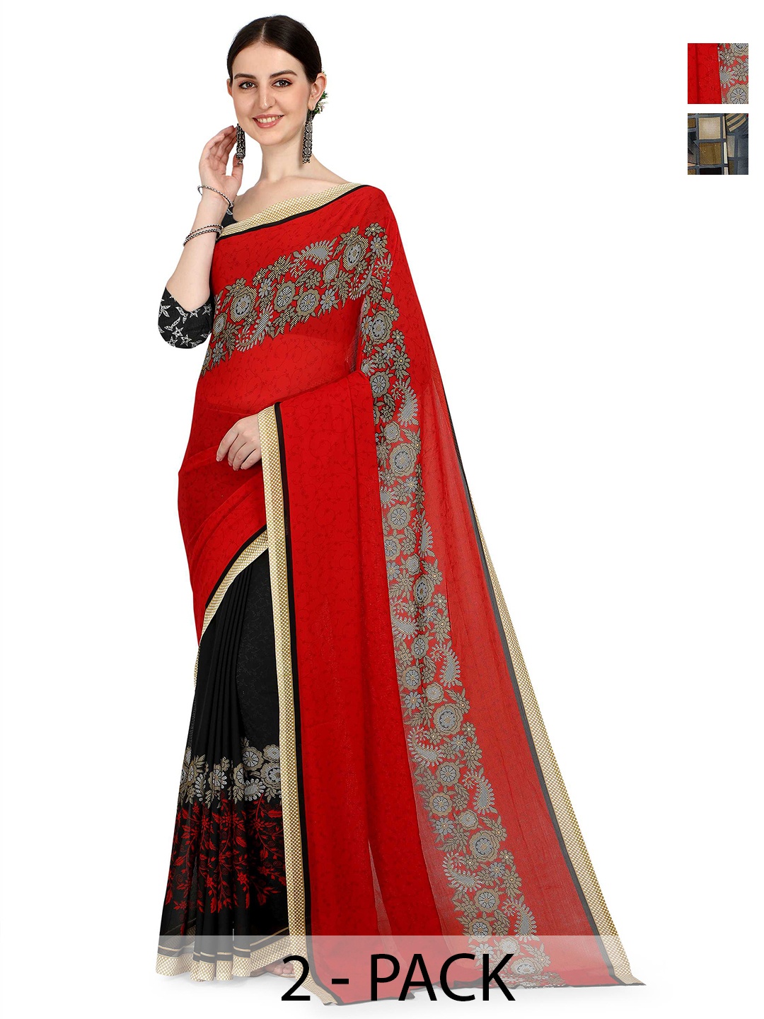 

ANAND SAREES Pack of 2 Floral Saree, Red