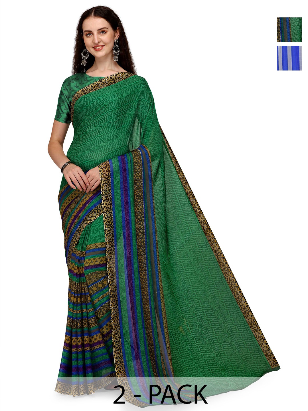 

ANAND SAREES Geometric Printed 2-Pack Saree, Green