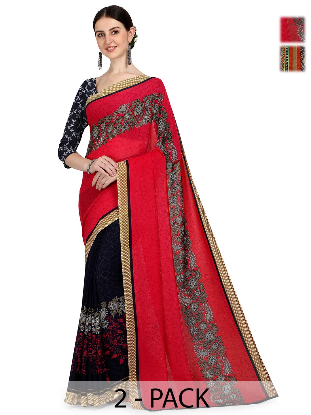 

ANAND SAREES Pack Of 2 Floral Half and Half Saree, Red