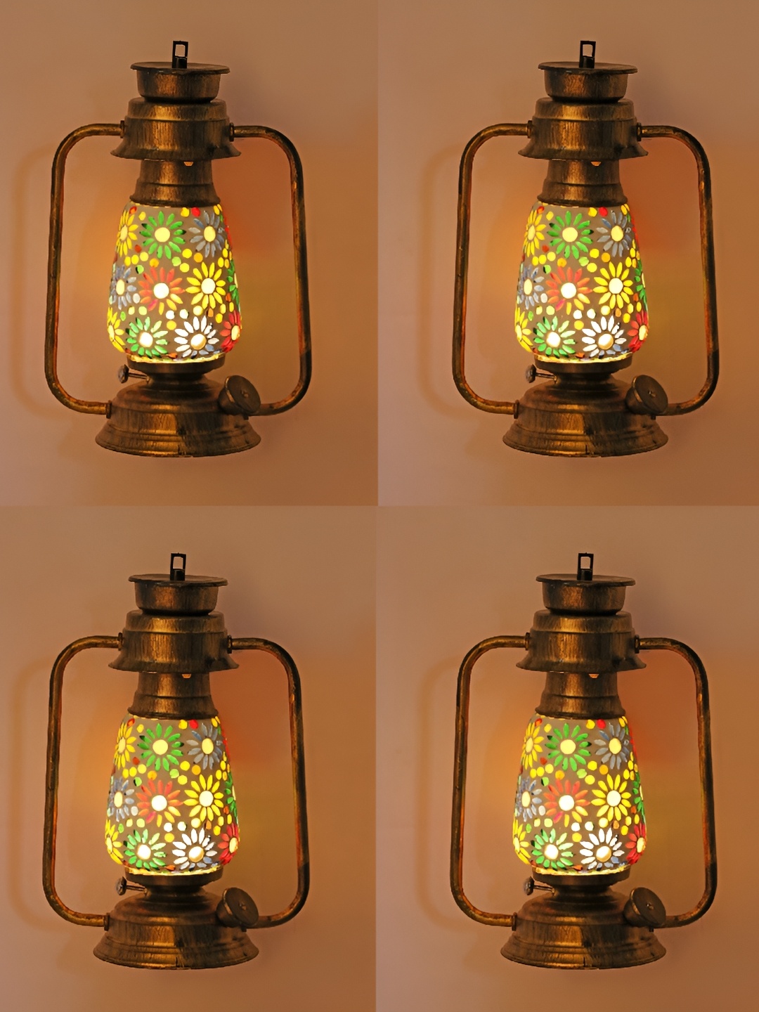 

1ST TIME White & Blue 4 Pcs Printed Glass Traditional Abstract Shaped Shaped Wall Lamps