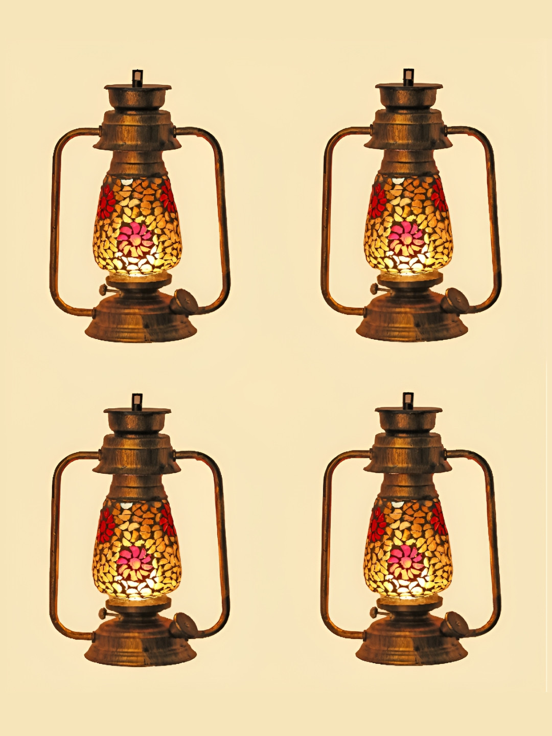 

1ST TIME Red & Silver Toned 4 Pieces Printed Glass Traditional Wall Lamps