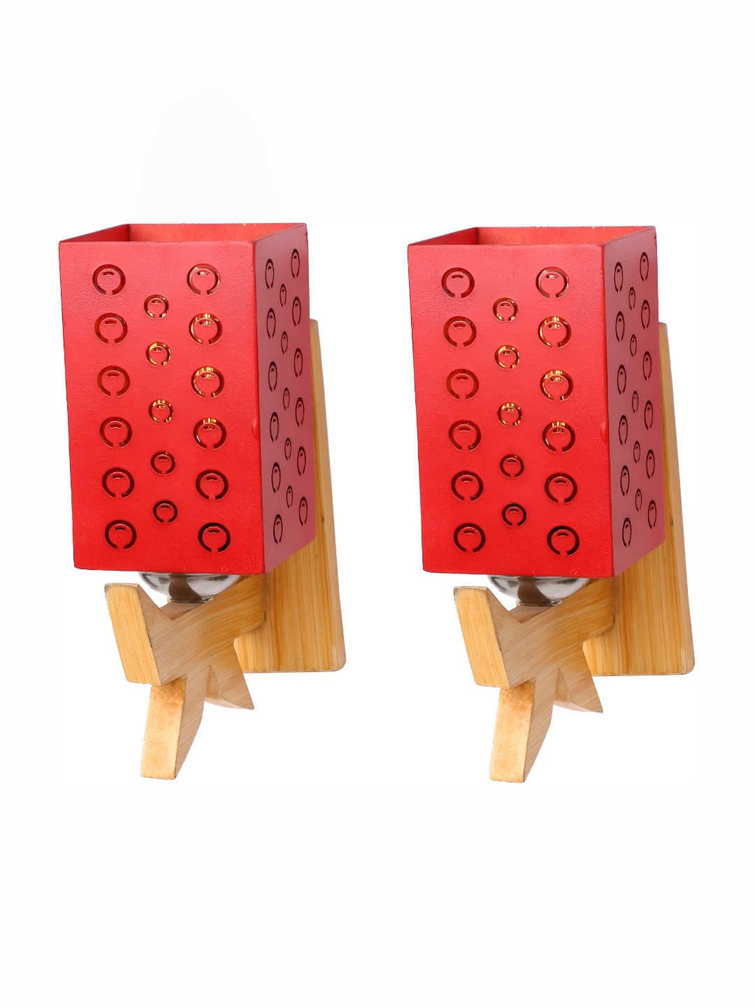 

1ST TIME Red & Brown 2 Pieces Textured Wooden Rectangle Shaped Contemporary Wall Lamps