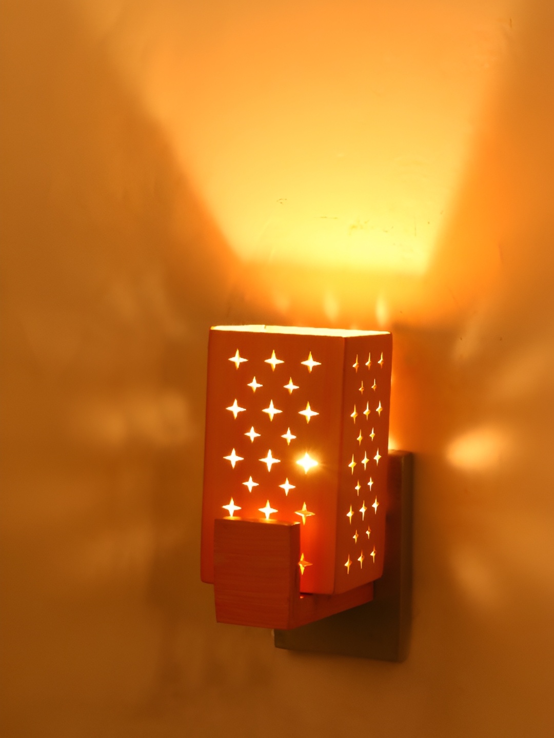 

1ST TIME Yellow & Grey Textured Contemporary Rectangle Shaped Wooden Wall Lamp, Brown