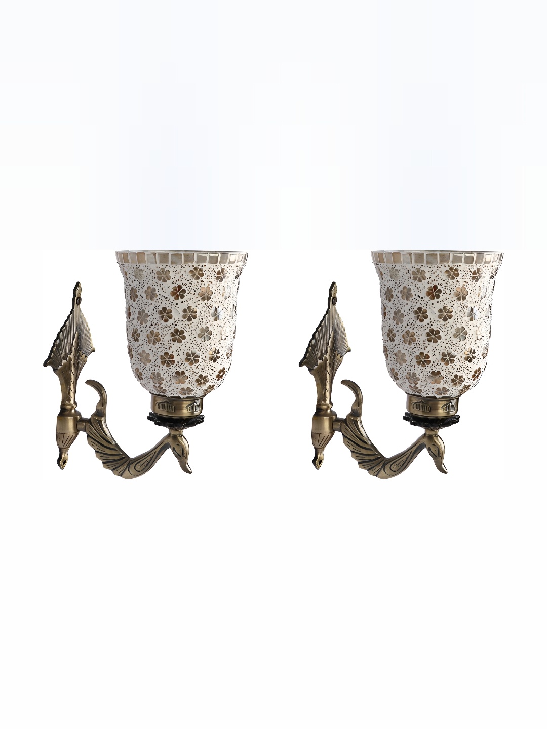 

1ST TIME White & Gold-Toned 2 Pc Textured Glass Traditional Wall Lamp