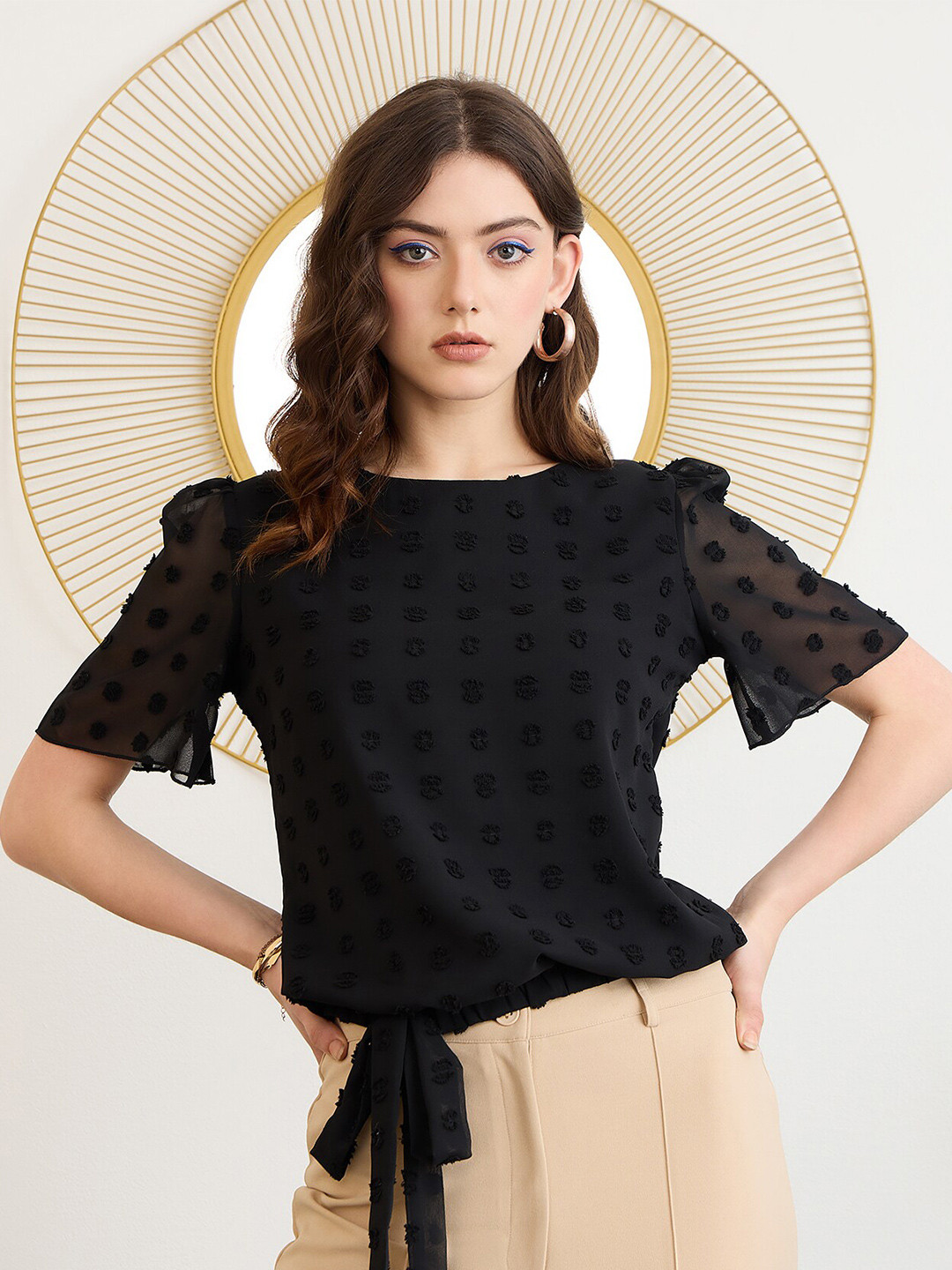 

Berrylush BIZwear Self Design Blouson Top, Black