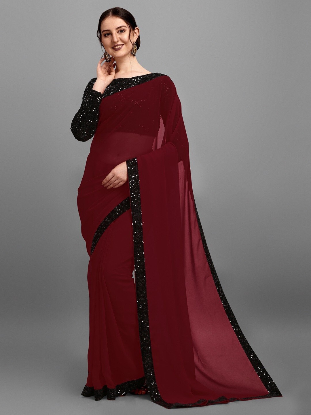 

KALINI Sequinned Pure Georgette Saree, Maroon