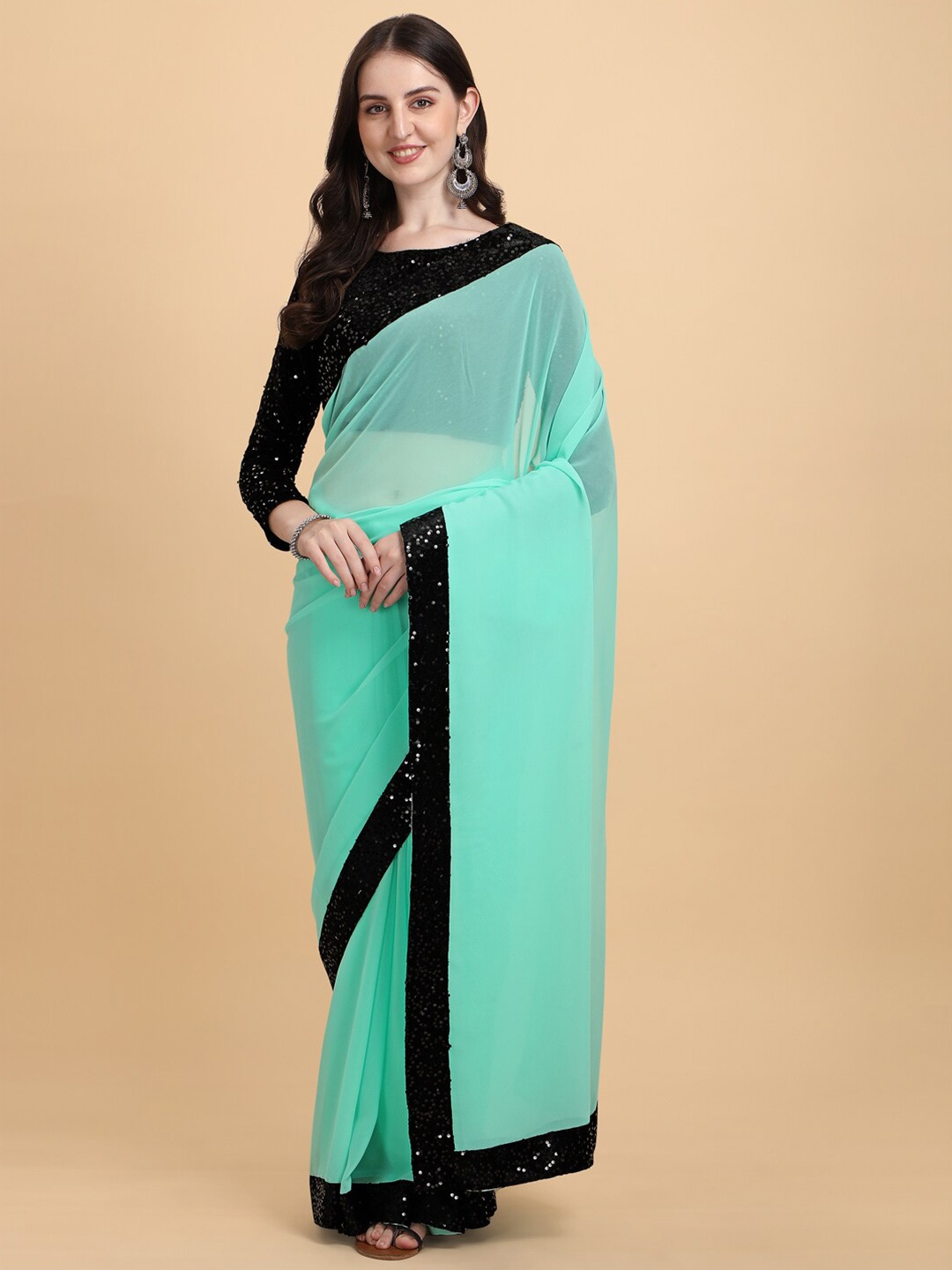 

KALINI Sequinned Pure Georgette Saree, Turquoise blue