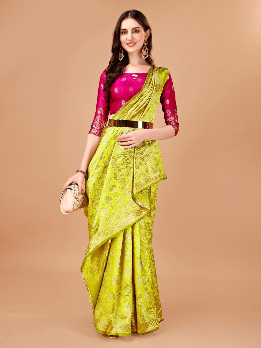 

KALINI Floral Woven Design Zari Art Silk Saree, Lime green