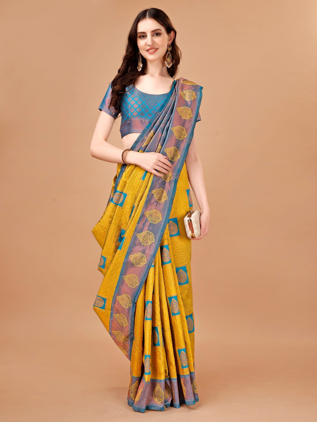 

KALINI Floral Woven Design Art Silk Saree, Mustard