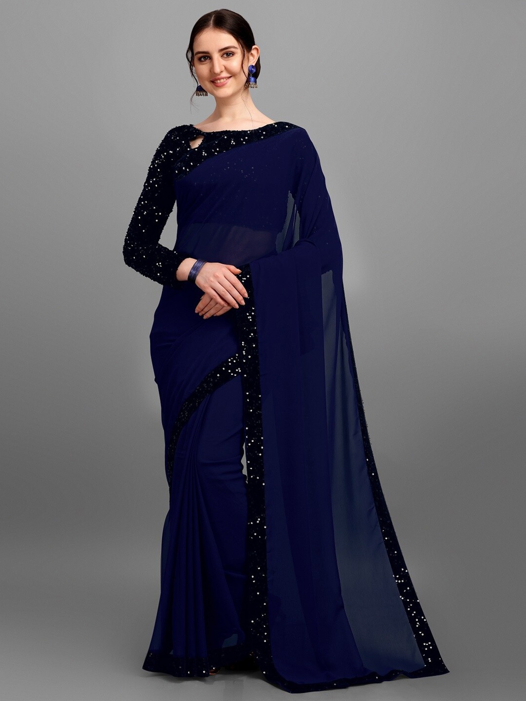 

KALINI Embellished Sequinned Pure Georgette Saree, Blue