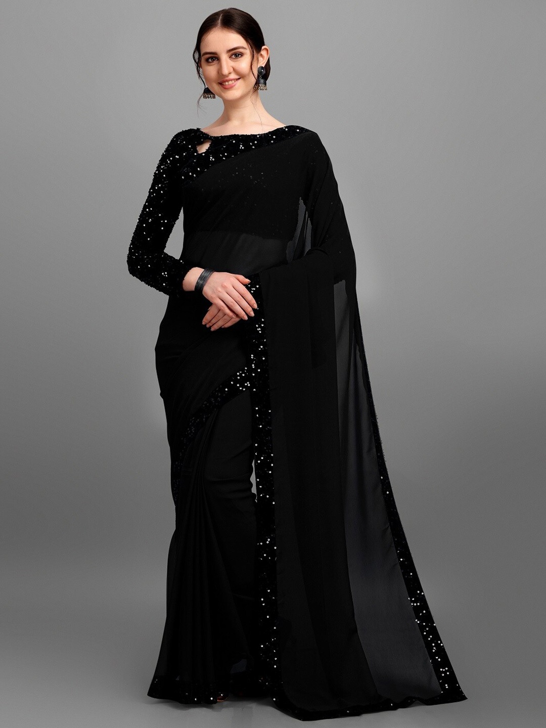 

KALINI Embellished Sequinned Pure Georgette Saree, Black