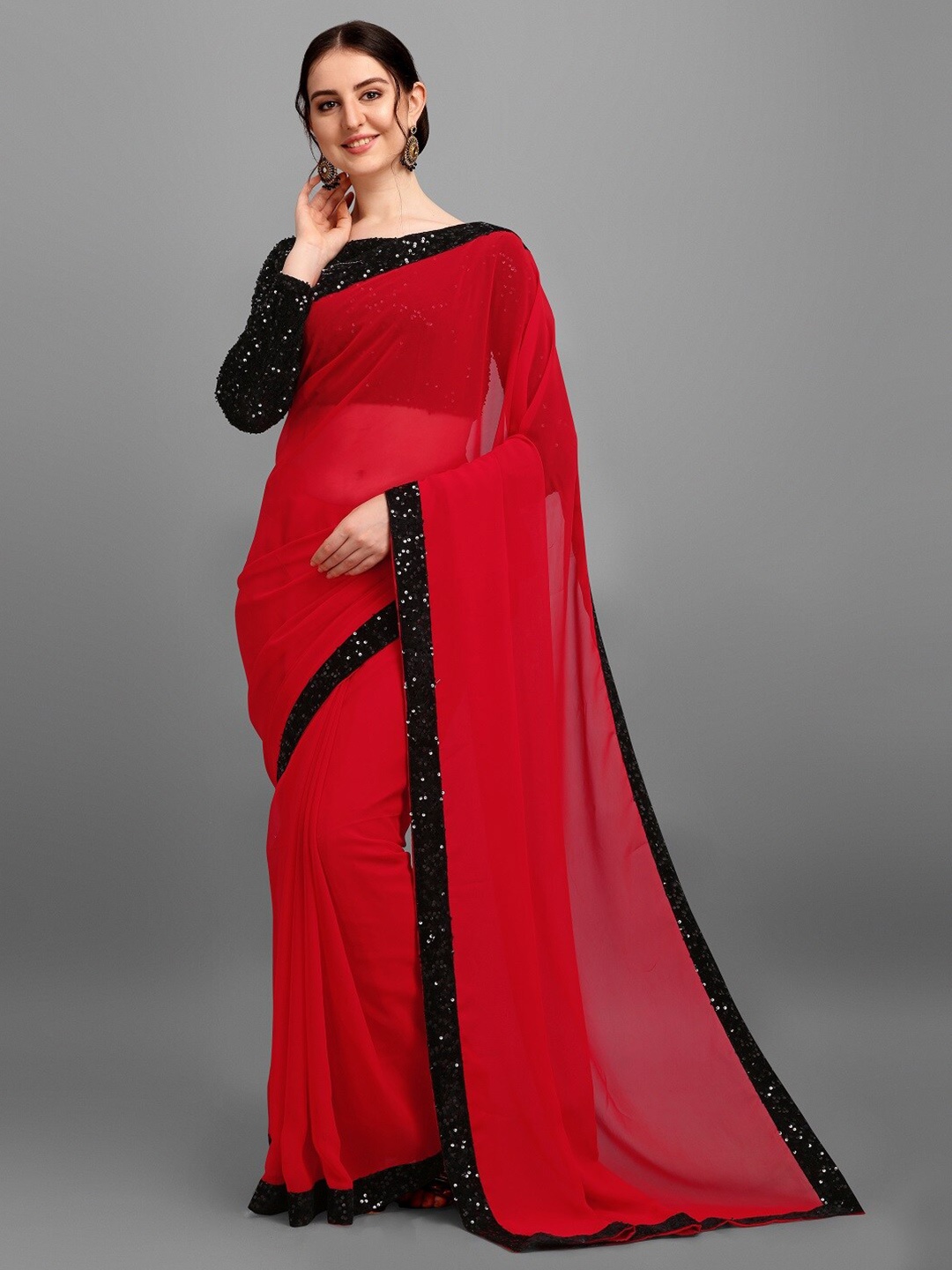 

KALINI Sequinned Pure Georgette Saree, Red