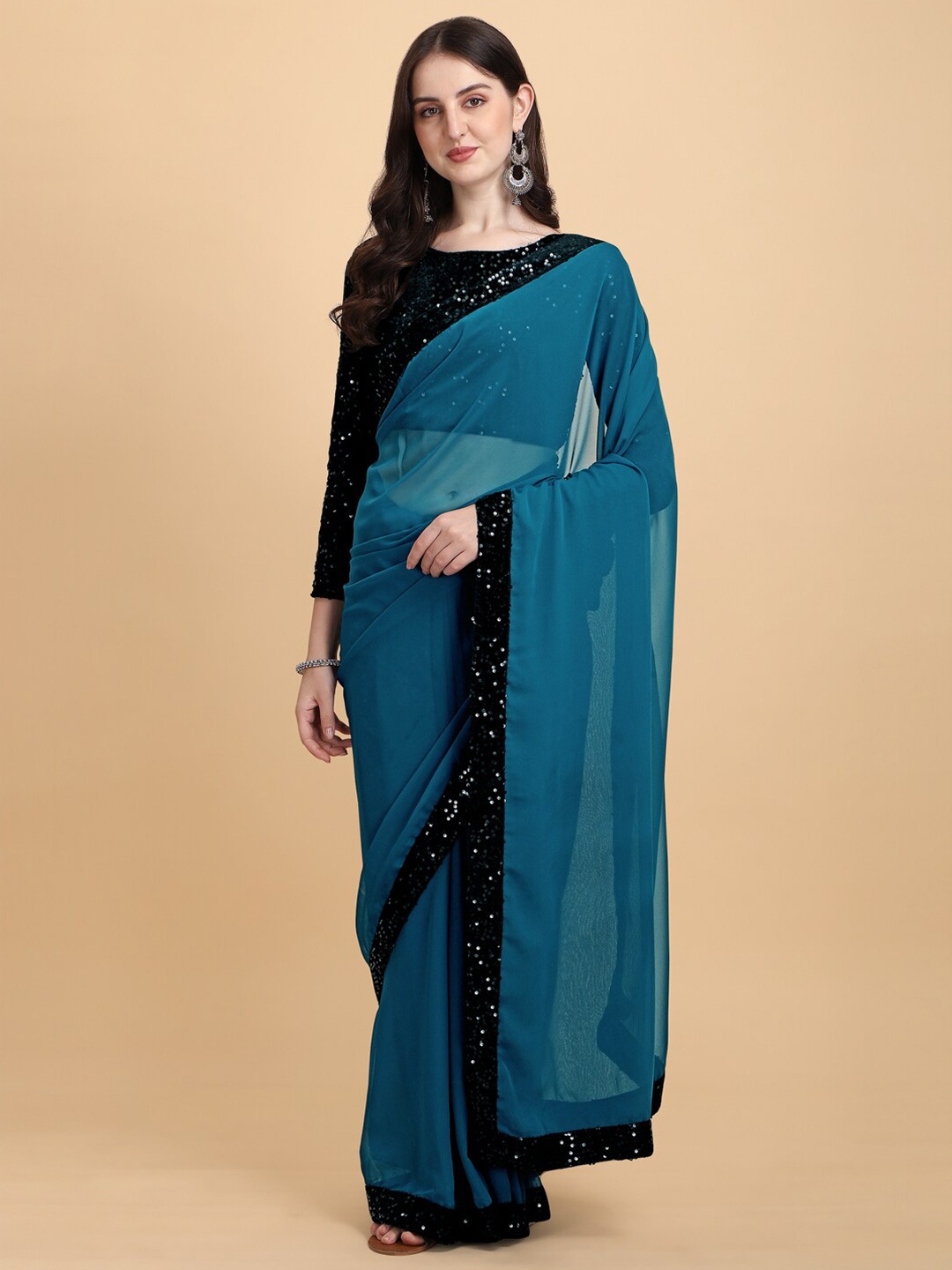 

KALINI Sequinned Pure Georgette Saree, Blue