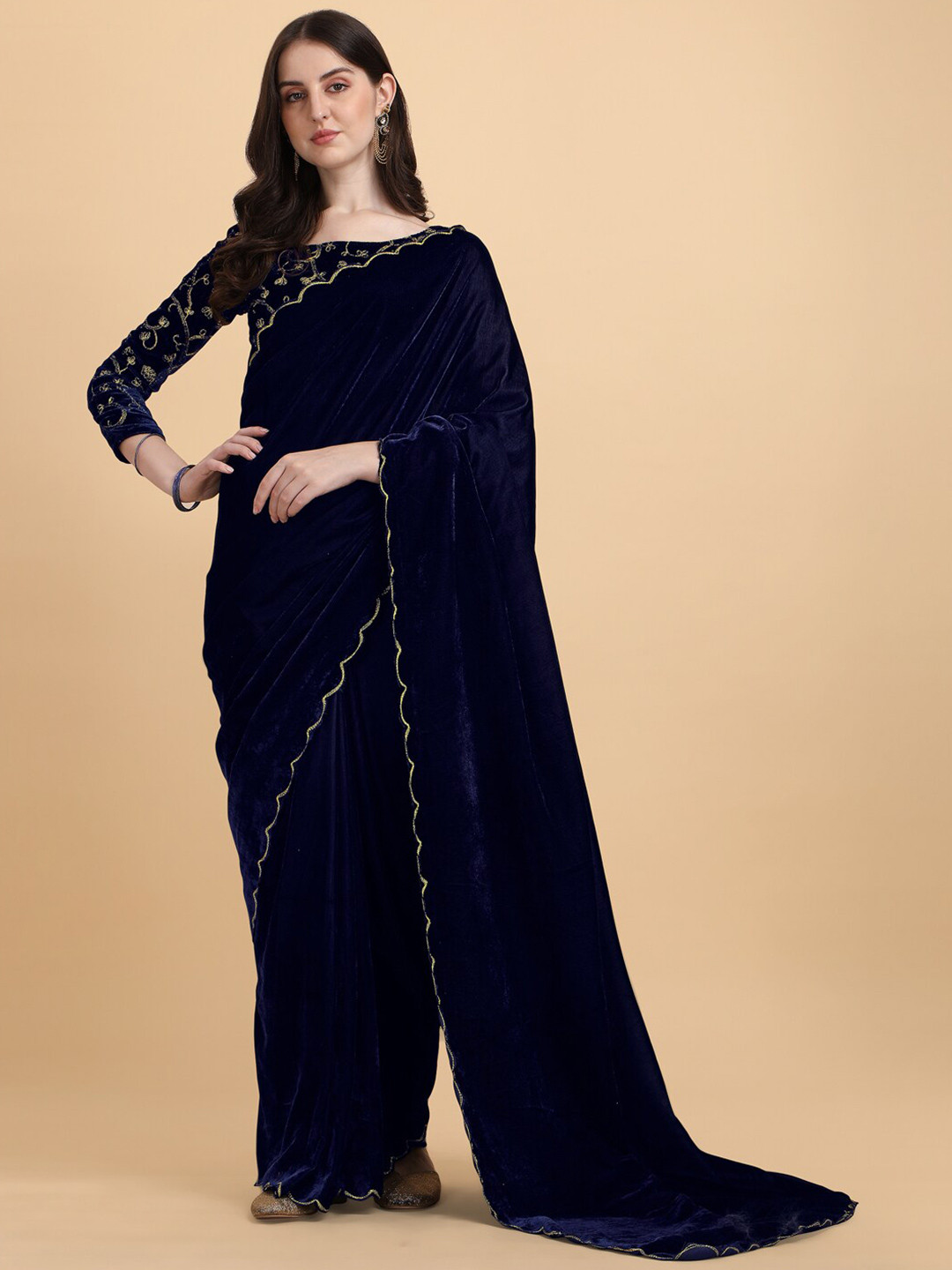 

KALINI Embroidered Velvet Saree, Blue