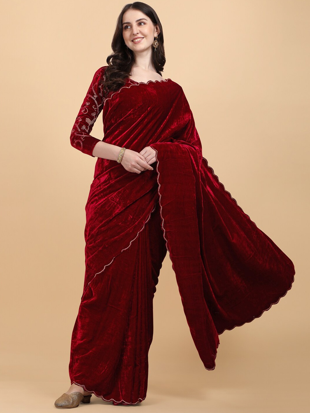 

KALINI Velvet Saree, Maroon