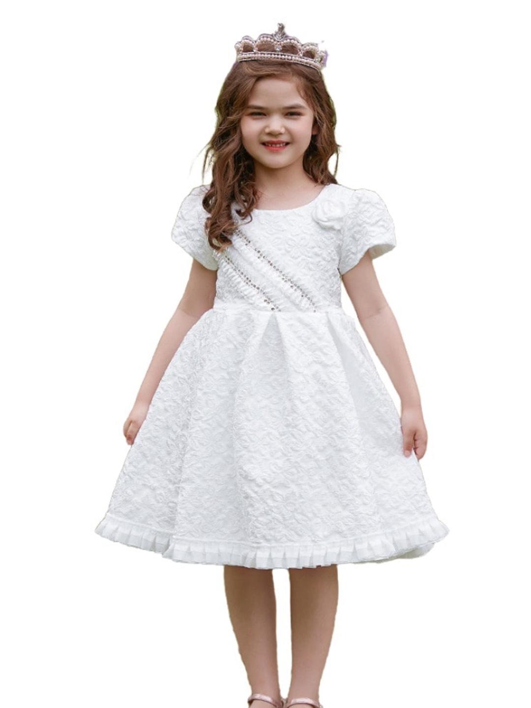 

StyleCast x Revolte Girls Self Design Puff Sleeves Gathered Detail Fit & Flare Dress, White