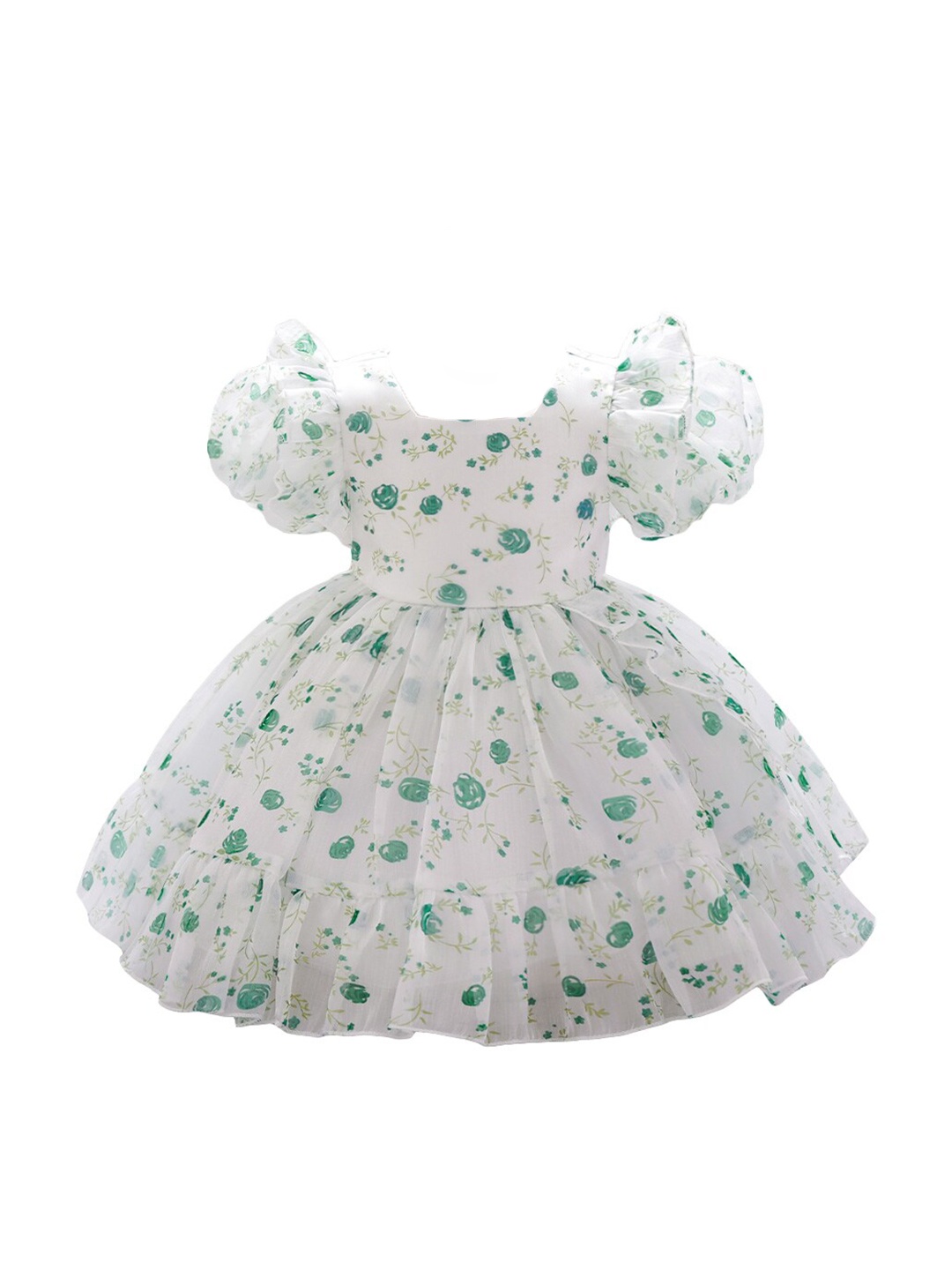 

StyleCast x Revolte Girls Floral Printed Puff Sleeves Gathered Detail Fit & Flare Dress, Green