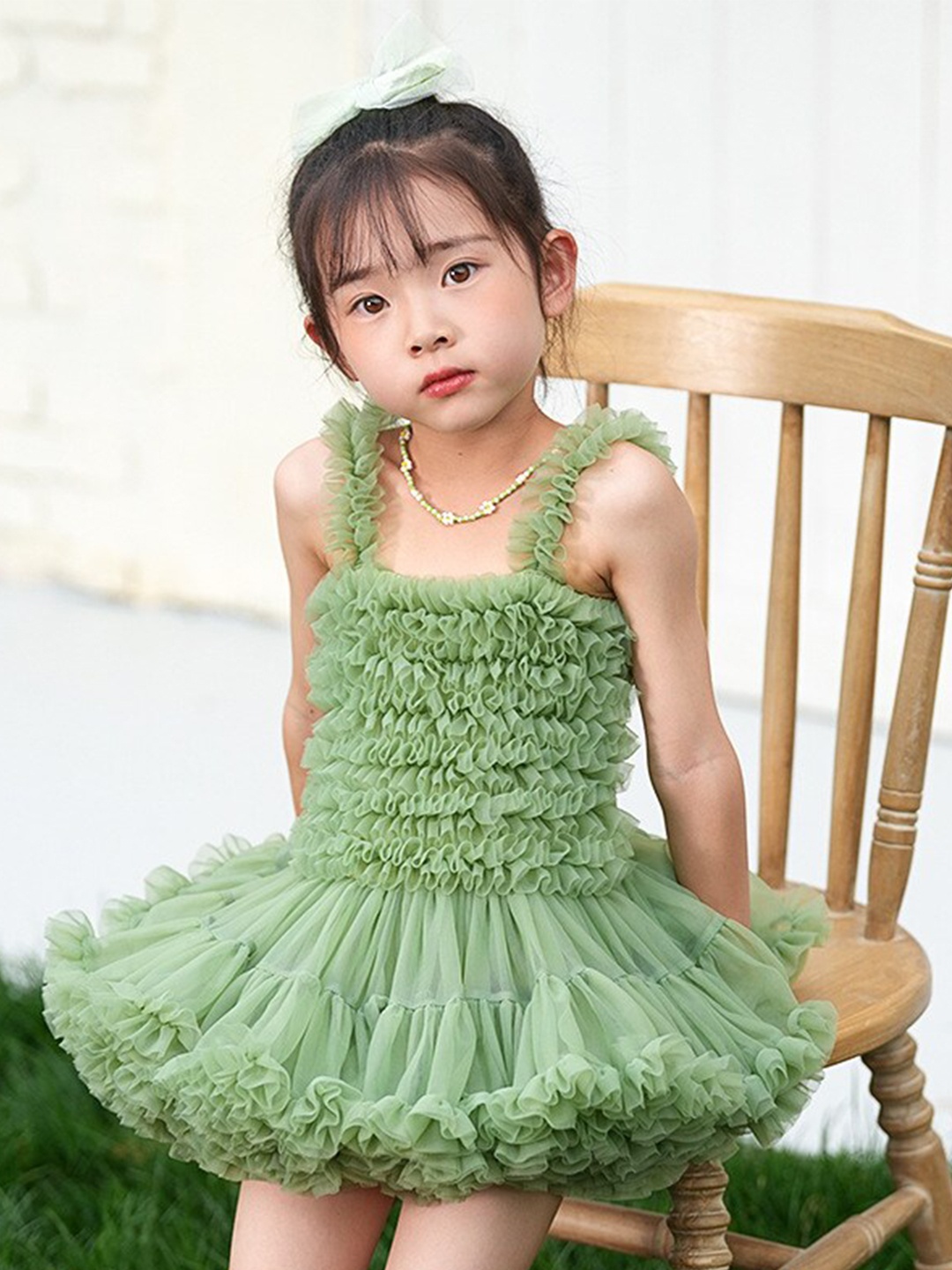 

StyleCast x Revolte Girls Green Shoulder Straps Ruffled Tulle Fit & Flare Dress