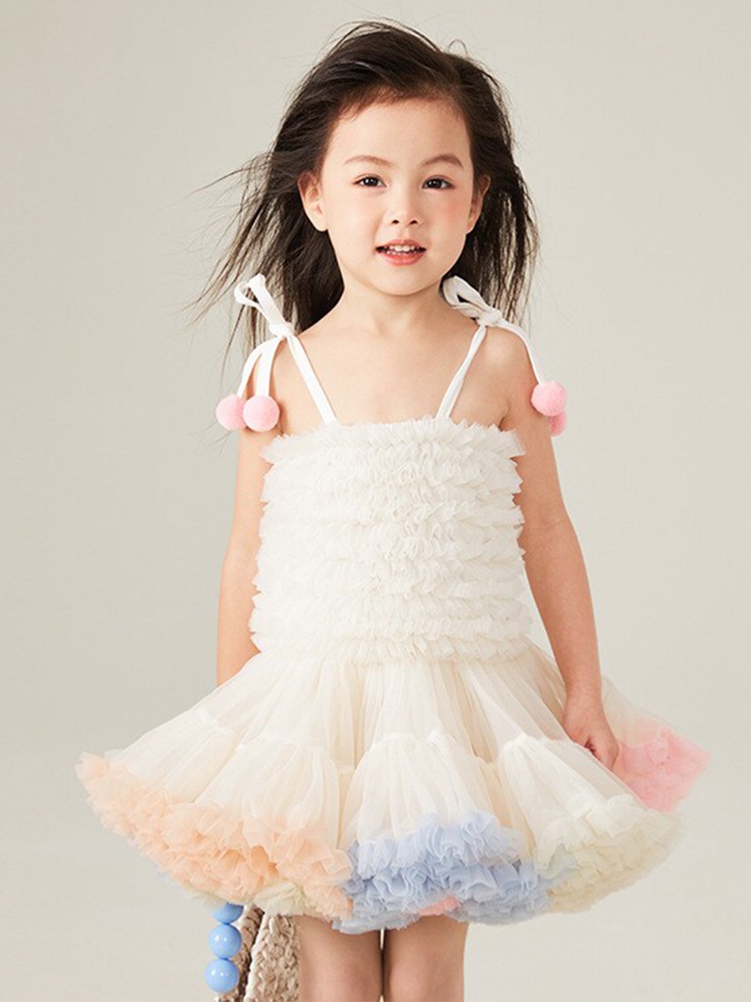 

StyleCast x Revolte Girls Self Design Shoulder Straps Ruffled Cotton Fit & Flare Dress, White