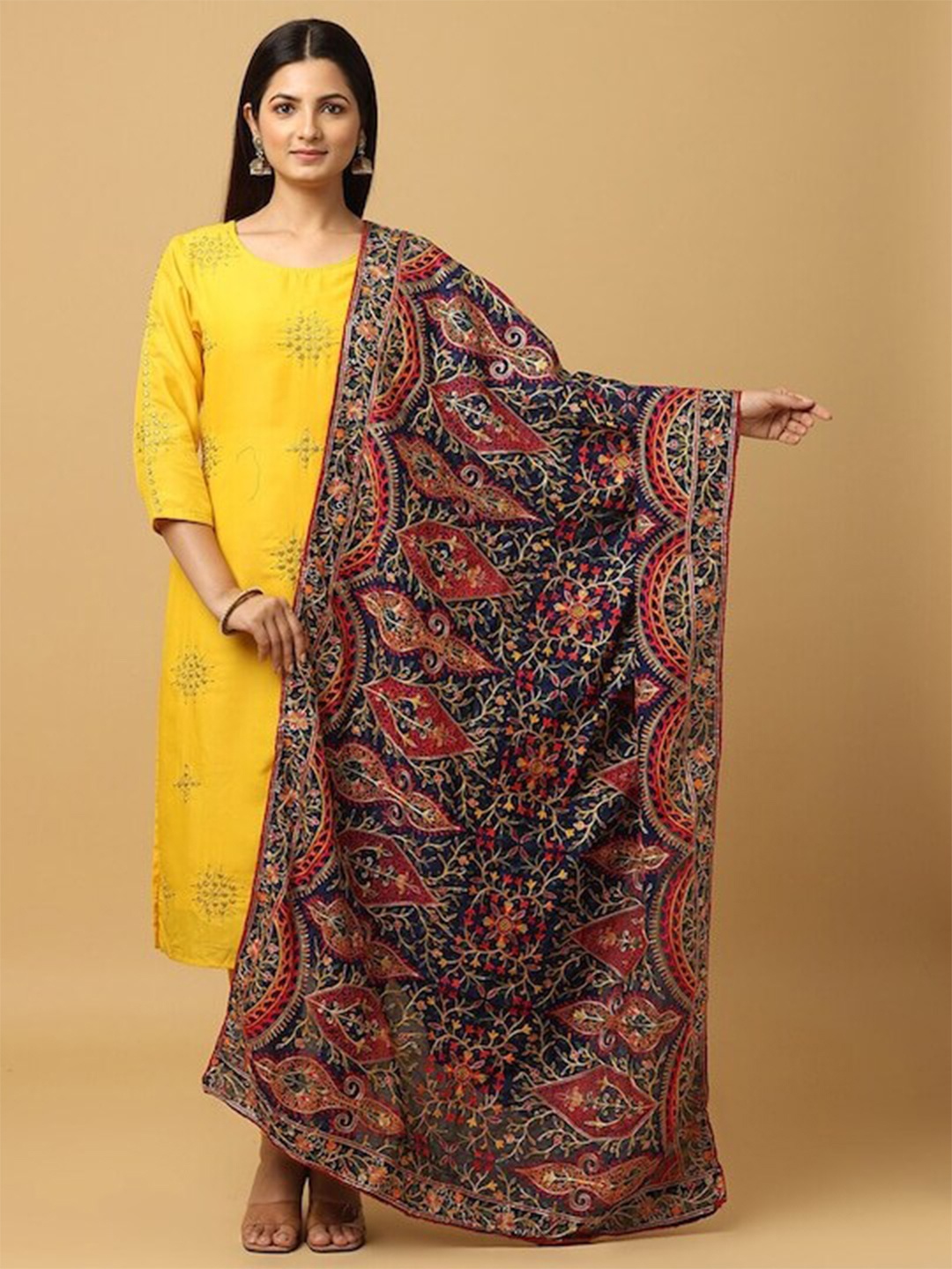 

PATLIPALLU Ethnic Motifs Embroidered Dupatta, Navy blue