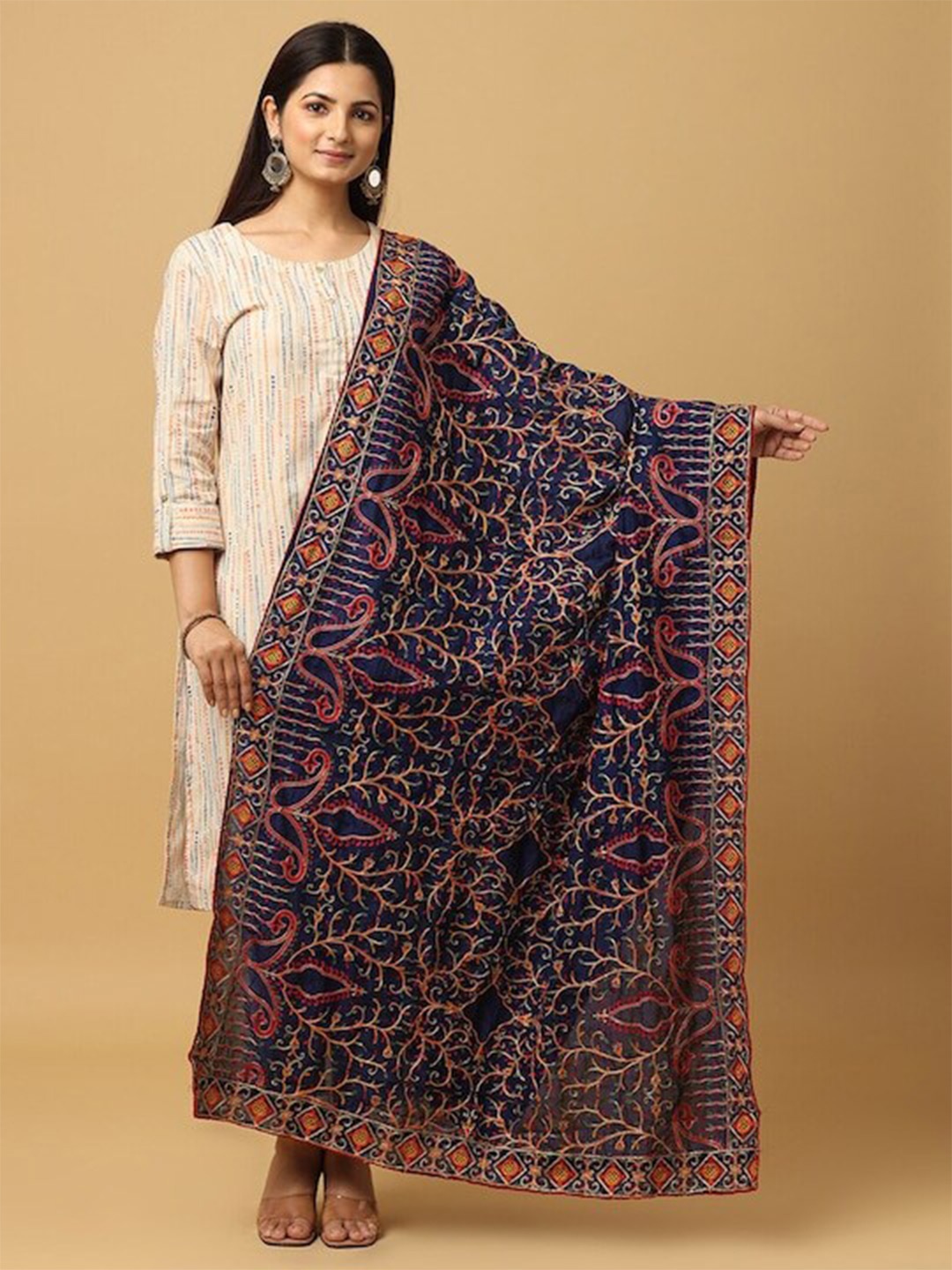 

PATLIPALLU Ethnic Motifs Embroidered Dupatta, Navy blue
