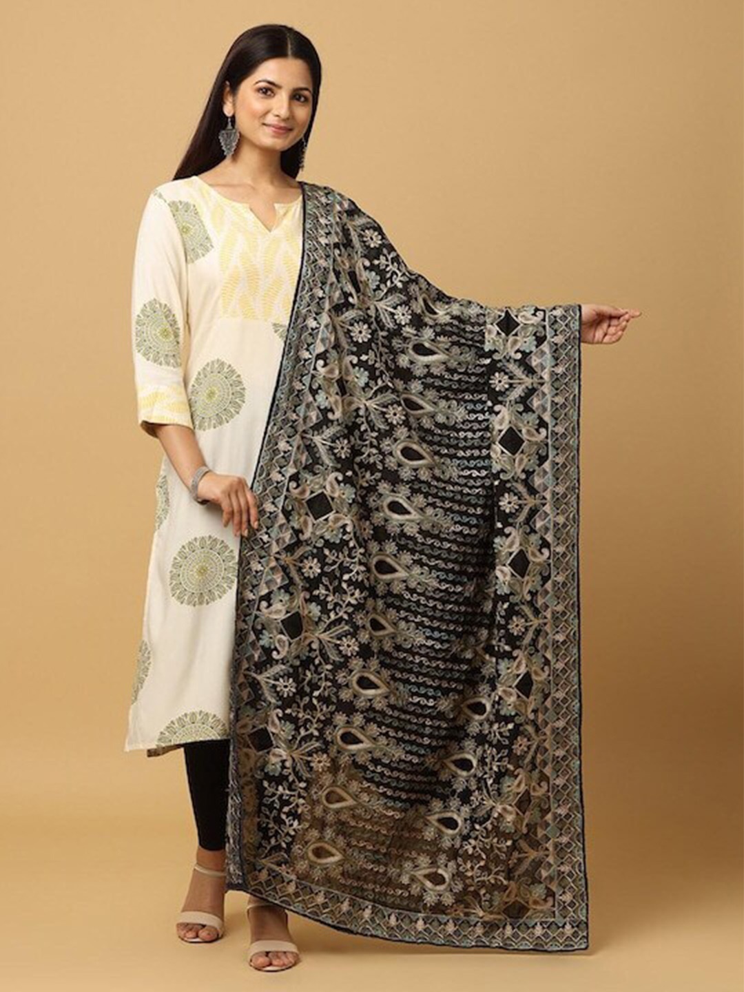

PATLIPALLU Ethnic Motifs Embroidered Dupatta, Black