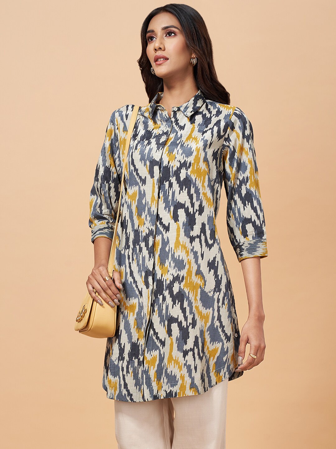 

Marigold Lane Printed Shirt Collar Ethnic Tunic, Blue