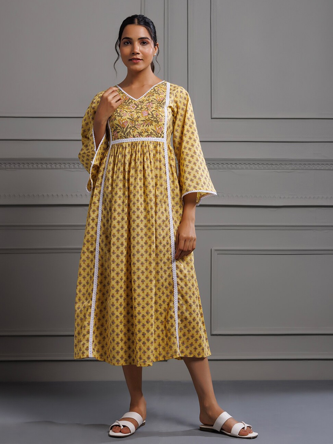 

INDIANIC V-Neck Ethnic Motifs Print Flared Sleeve Cotton A-Line Midi Dress, Yellow