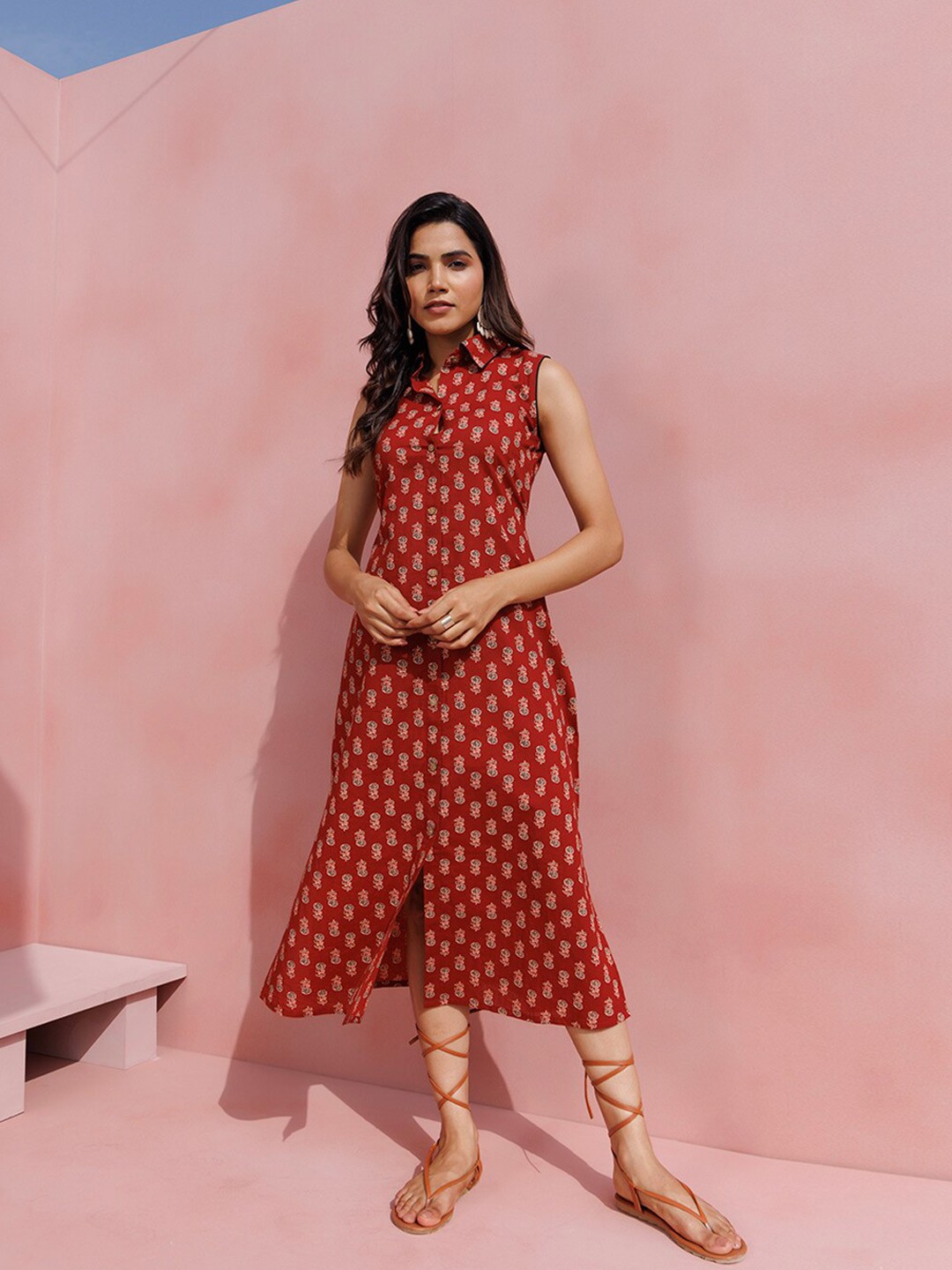 

INDIANIC Ethnic Motifs Print Shirt Collar A-Line Cotton Midi Dress, Brown