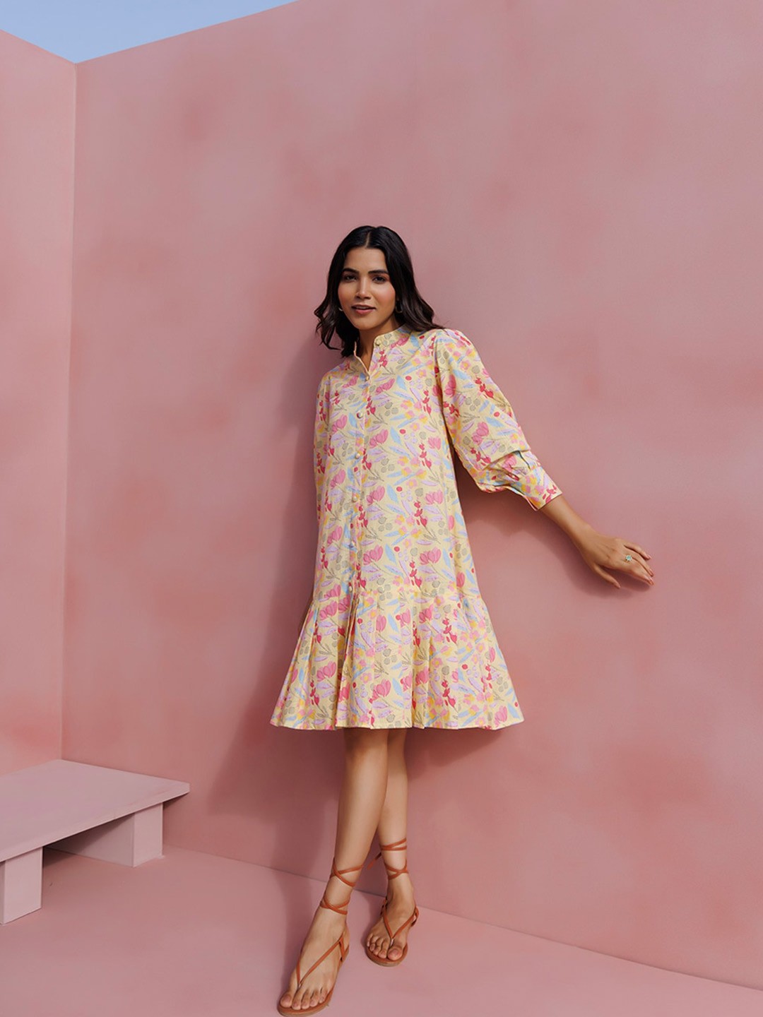 

INDIANIC Floral Print Mandarin Collar Puff Sleeves A-Line Cotton Dress, Yellow