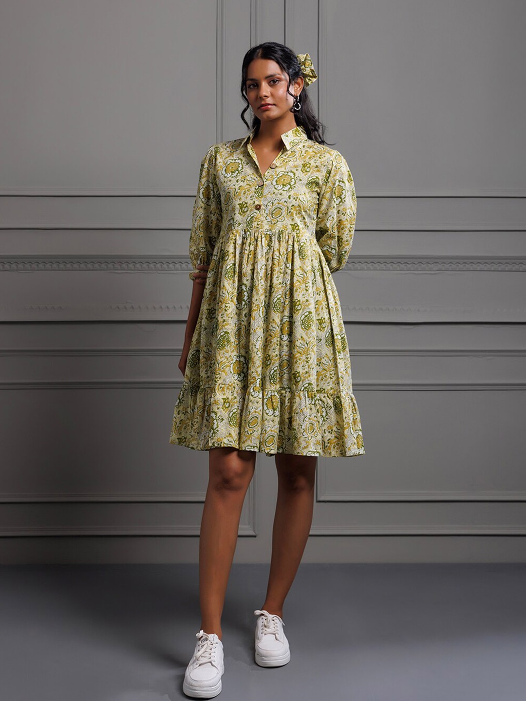 

INDIANIC Mandarin Collar Floral Print Puff Sleeves A-Line Cotton Dress, Green