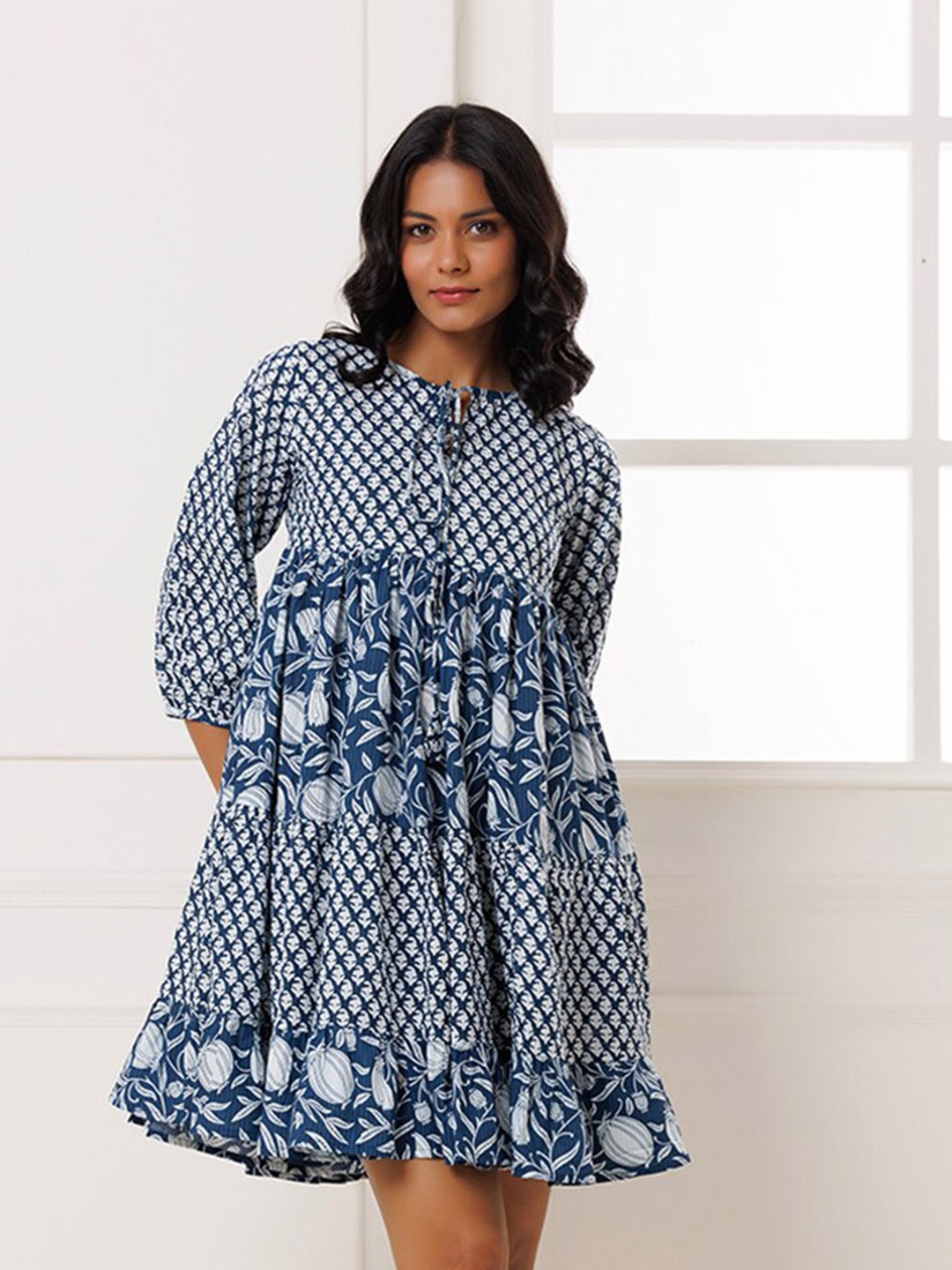

INDIANIC Floral Print Tie-Ups Flared Sleeves Cotton Fit & Flare Dress, Blue