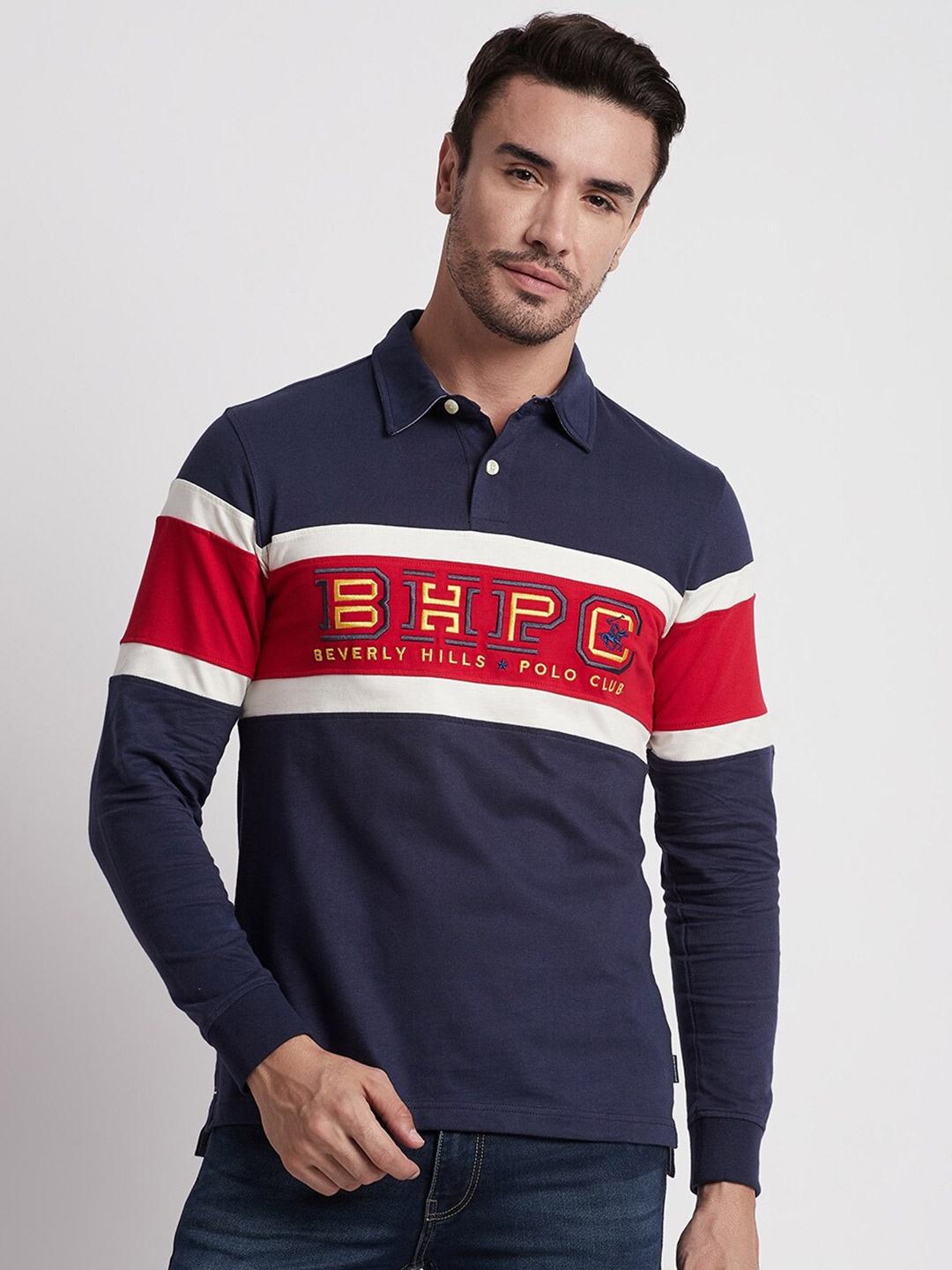 

Beverly Hills Polo Club Colourblocked Polo Collar Pure Cotton T-shirt, Navy blue