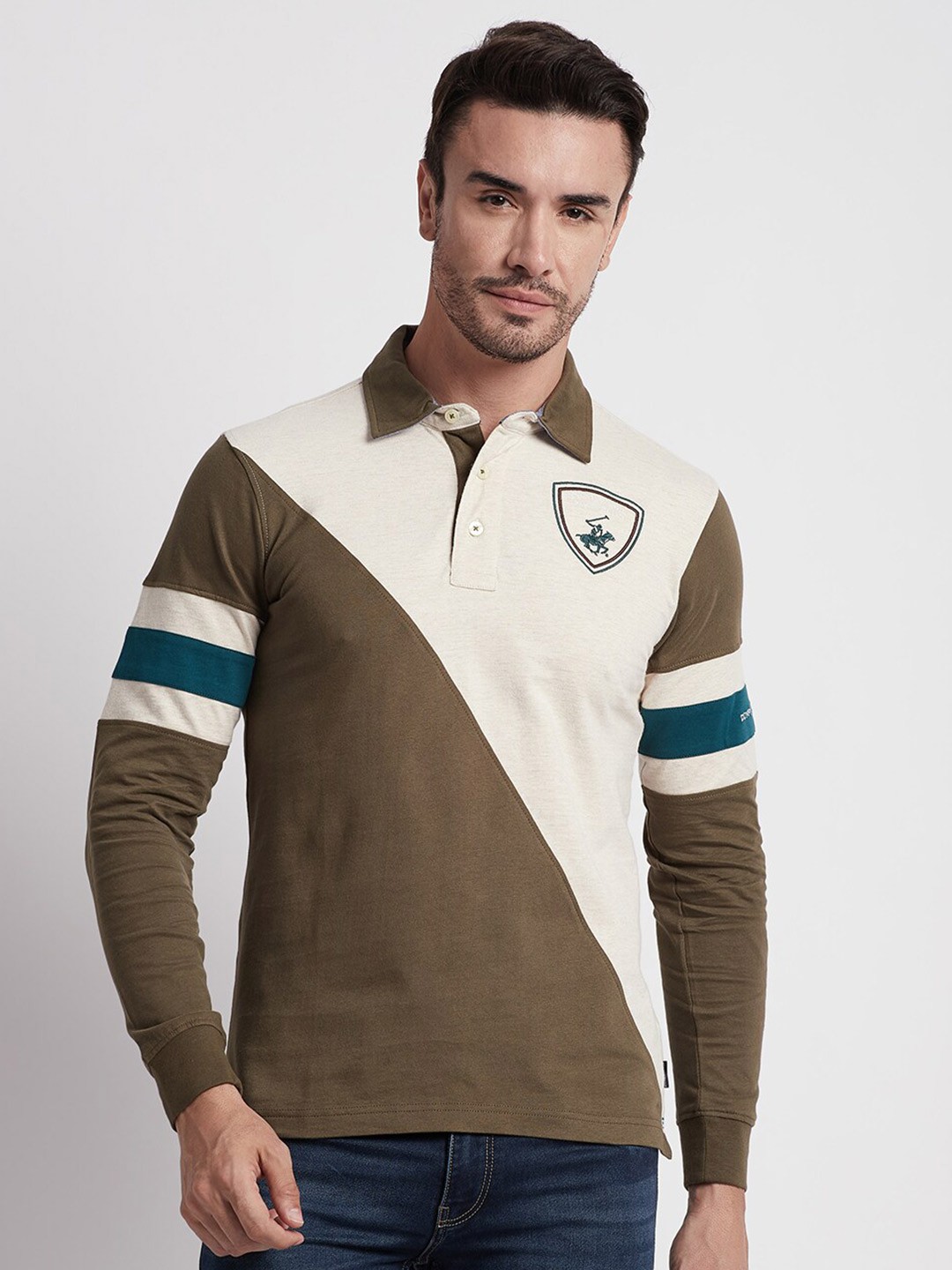 

Beverly Hills Polo Club Colourblocked Polo Collar Pure Cotton T-shirt, Green