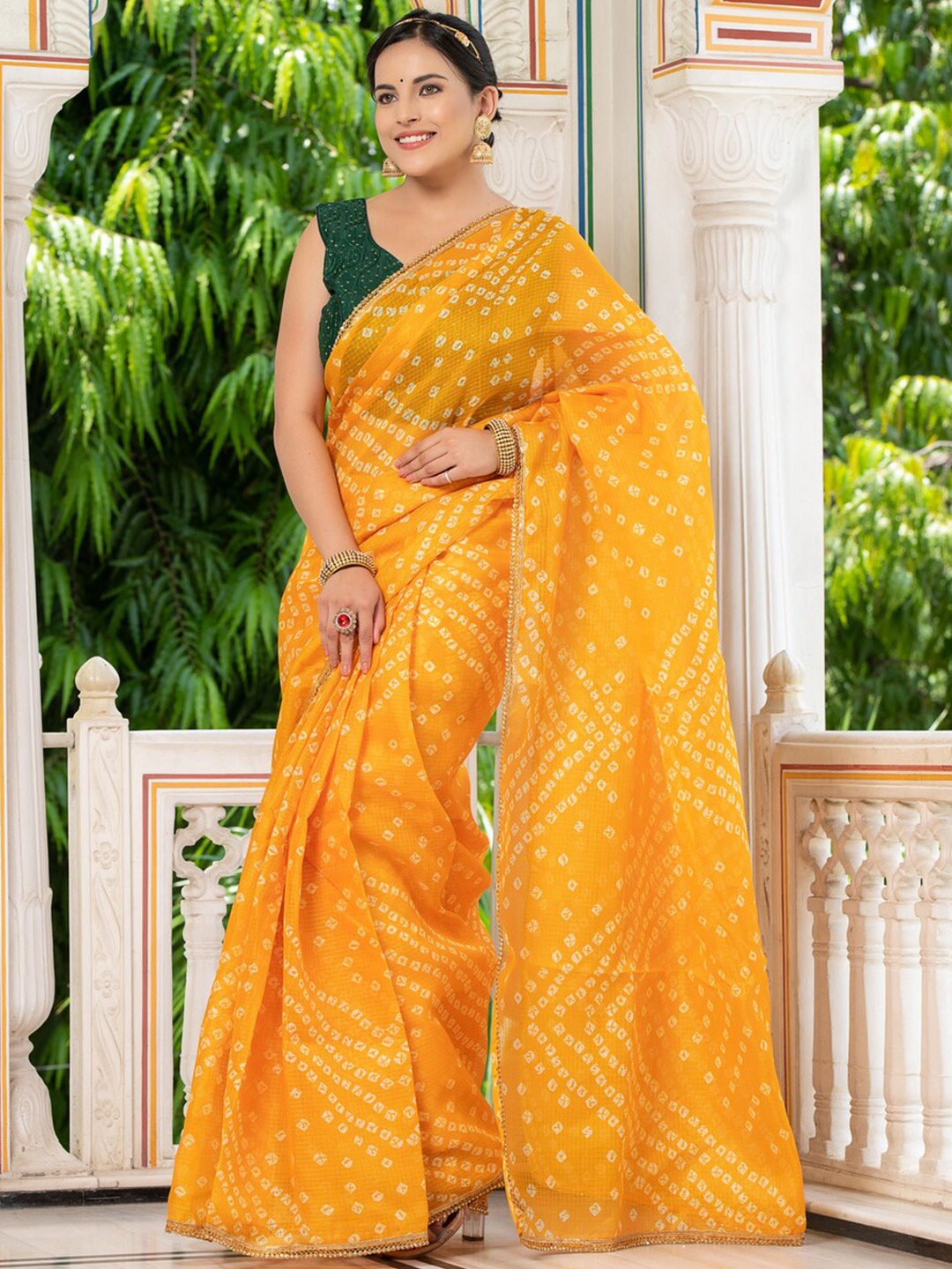 

Jaipur Folk Bandhani Beads and Stones Kota Saree, Yellow