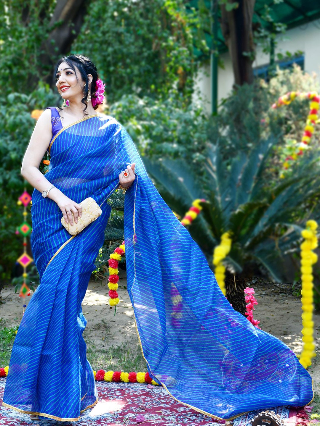 

Jaipur Folk Leheriya Printed Gotta Patti Saree, Blue