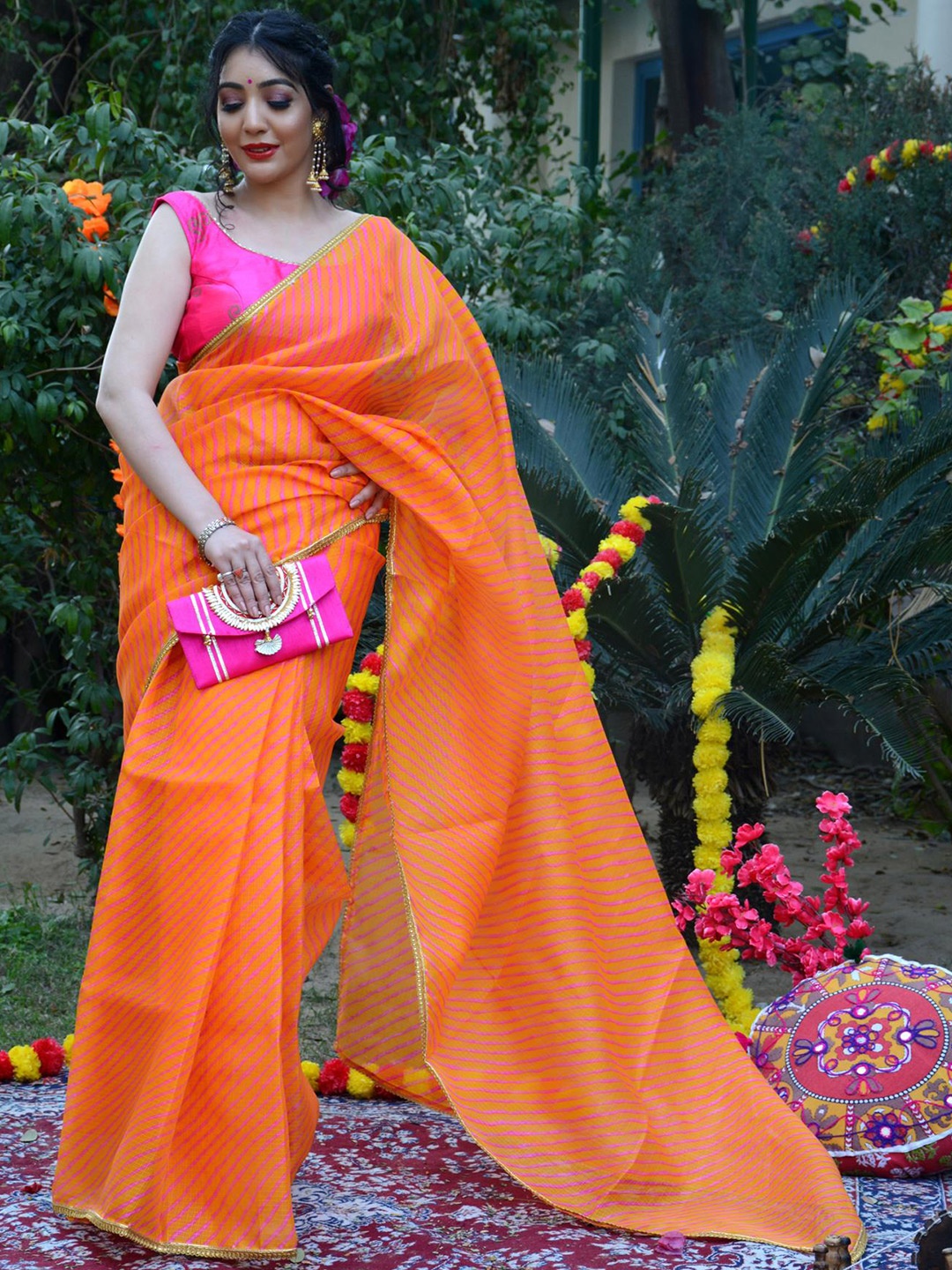 

Jaipur Folk Leheriya Woven Design Gotta Patti Saree, Orange